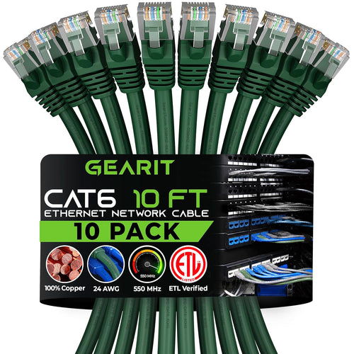 Cat 6 Ethernet Cable (10-Pack 10 Feet) Cat6 Network Patch, 10Gbps, RJ45, Snagless Cord, Gold-Plated Connectors, Internet for PC, TV, Tablet, Router, Printer, Servers, IT Data Center - Green