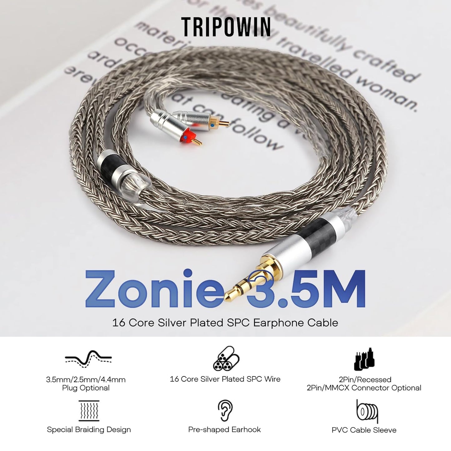 Zonie IEM Cable, 16 Core Silver Plated Earphone Upgraded Cords, 1.25M SPC in Ear Monitor Cable for KZ ZS10 PRO 2 AS10 PRO Tangzu Wan’Er SIMGOT Em6L(Recessed 2Pin, 2.5Mm) (Grey)