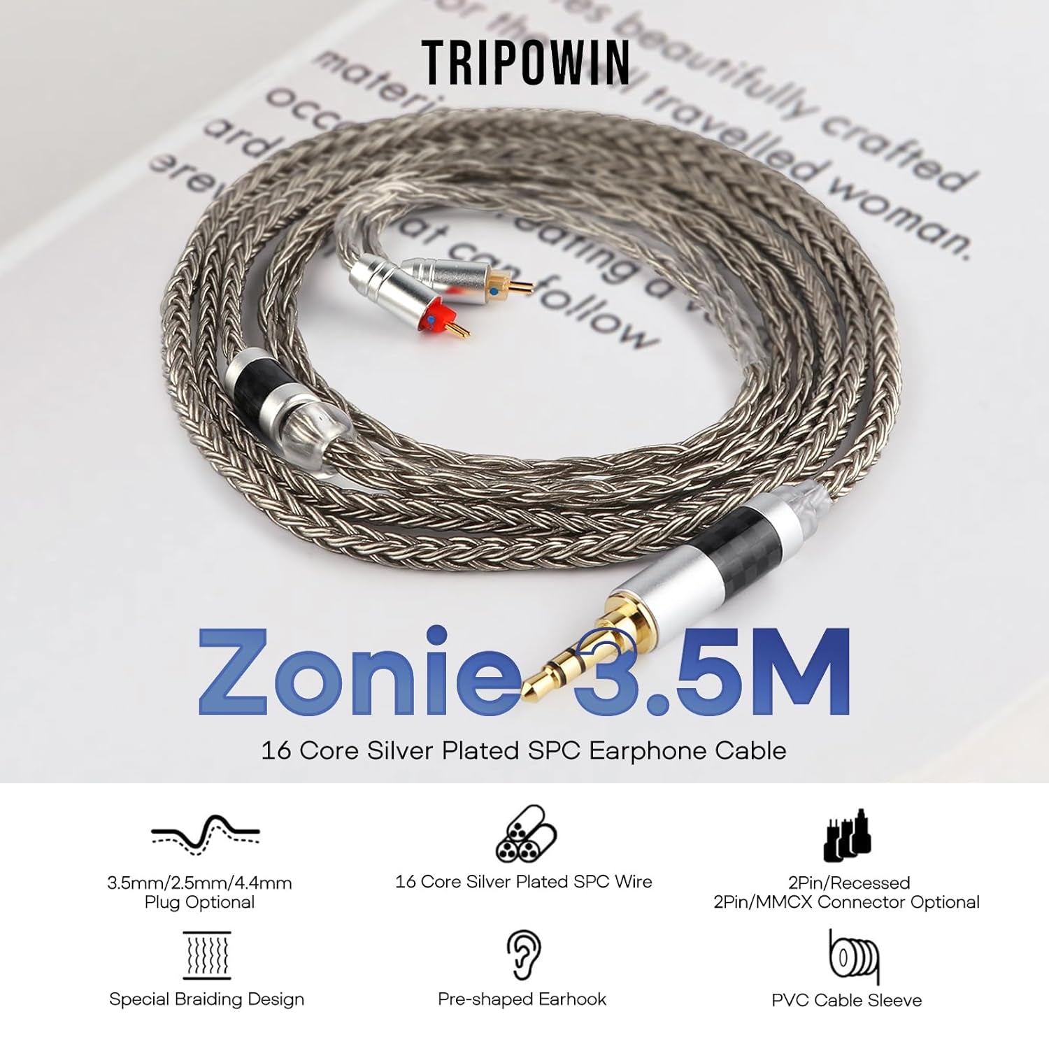 Zonie IEM Cable, 16 Core Silver Plated Earphone Upgraded Cords, 1.25M SPC in Ear Monitor Cable for KZ ZS10 PRO 2 AS10 PRO Tangzu Wan’Er SIMGOT Em6L(Recessed 2Pin, 2.5Mm) (Grey)