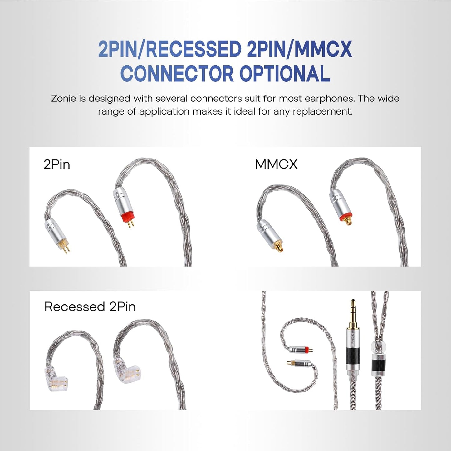 Zonie IEM Cable, 16 Core Silver Plated Earphone Upgraded Cords, 1.25M SPC in Ear Monitor Cable for KZ ZS10 PRO 2 AS10 PRO Tangzu Wan’Er SIMGOT Em6L(Recessed 2Pin, 2.5Mm) (Grey)
